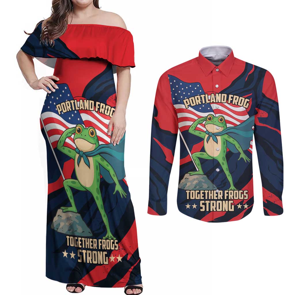 Portland Frog Protest Personalized Couples Matching Off Shoulder Maxi Dress and Long Sleeve Button Shirt Frogs Together Strong - Wonder Print Shop