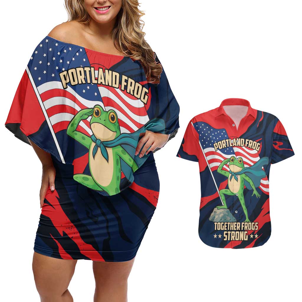 Portland Frog Protest Personalized Couples Matching Off Shoulder Short Dress and Hawaiian Shirt Frogs Together Strong - Wonder Print Shop