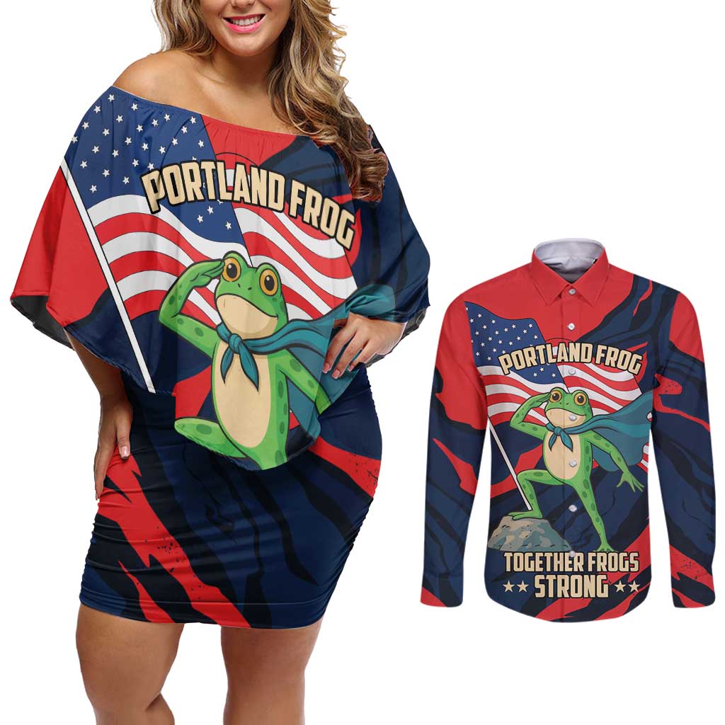 Portland Frog Protest Personalized Couples Matching Off Shoulder Short Dress and Long Sleeve Button Shirt Frogs Together Strong - Wonder Print Shop