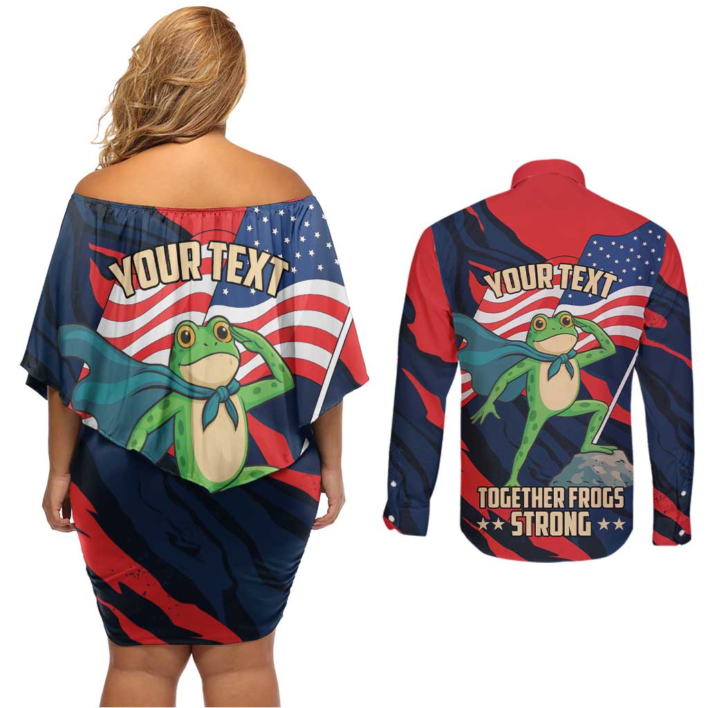 Portland Frog Protest Personalized Couples Matching Off Shoulder Short Dress and Long Sleeve Button Shirt Frogs Together Strong - Wonder Print Shop