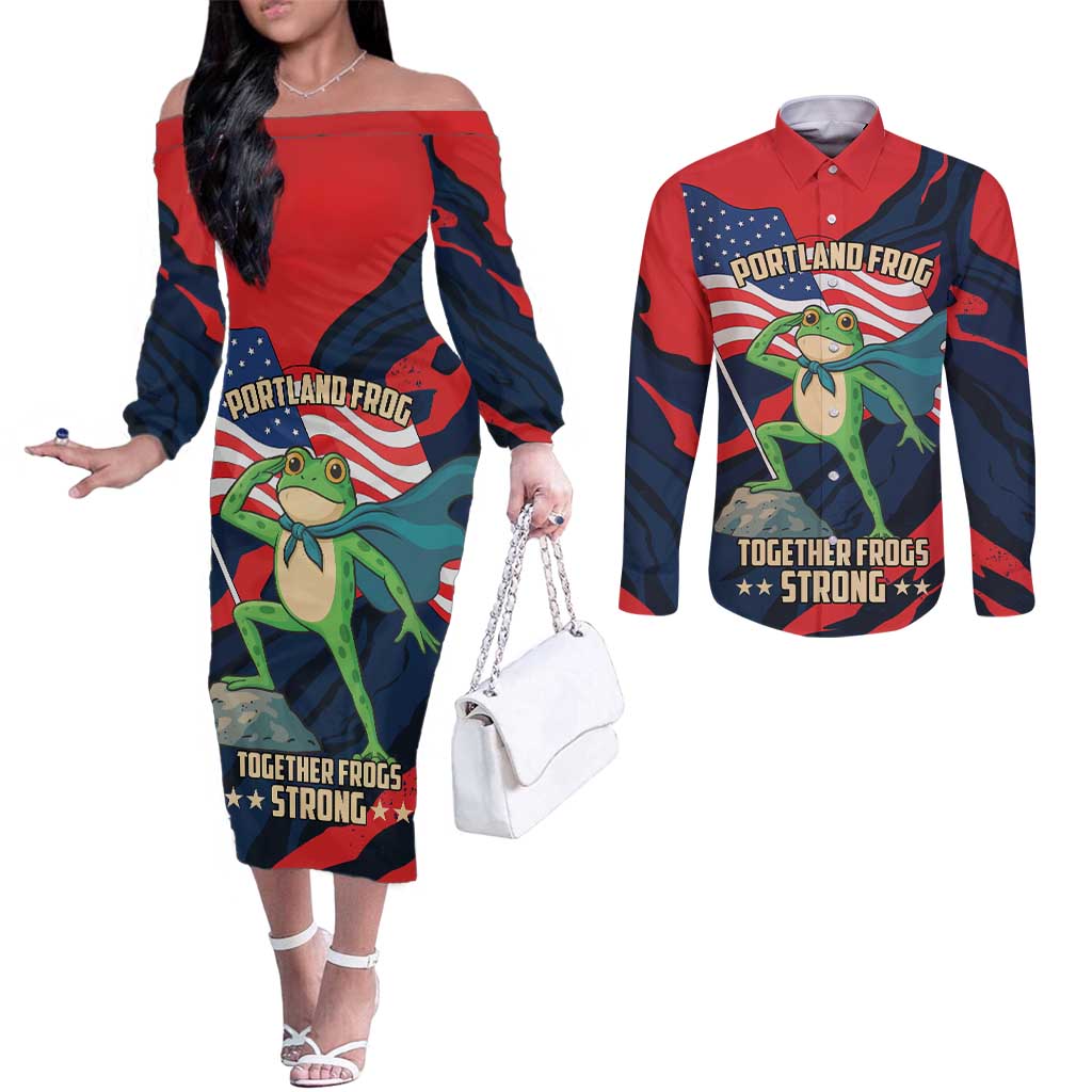 Portland Frog Protest Personalized Couples Matching Off The Shoulder Long Sleeve Dress and Long Sleeve Button Shirt Frogs Together Strong - Wonder Print Shop