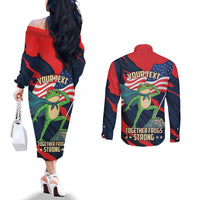 Portland Frog Protest Personalized Couples Matching Off The Shoulder Long Sleeve Dress and Long Sleeve Button Shirt Frogs Together Strong - Wonder Print Shop