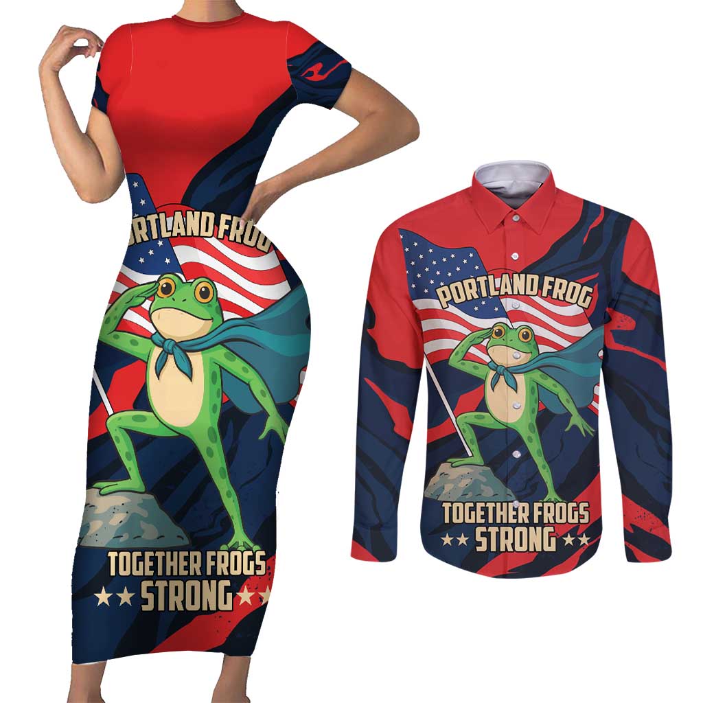 Portland Frog Protest Personalized Couples Matching Short Sleeve Bodycon Dress and Long Sleeve Button Shirt Frogs Together Strong - Wonder Print Shop