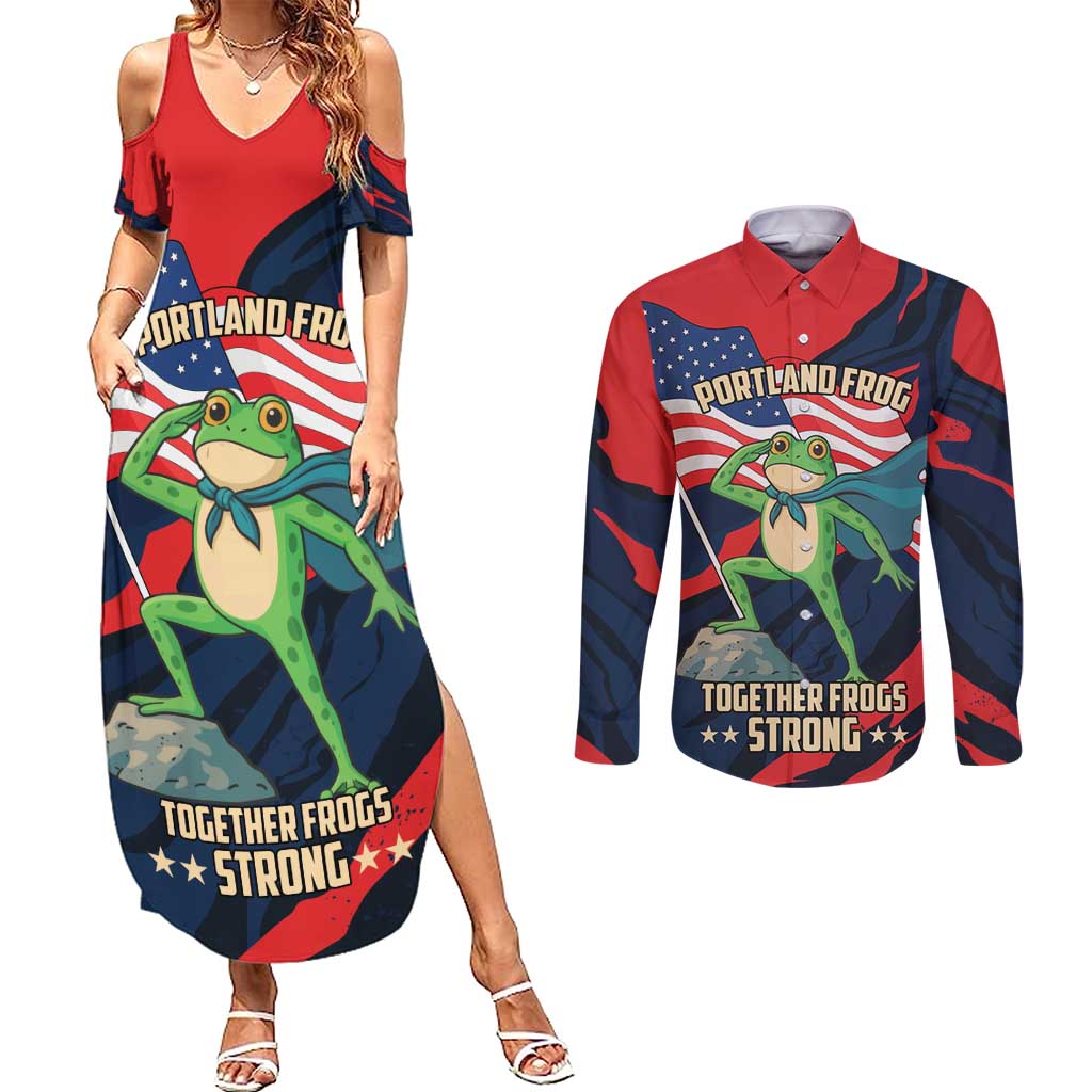Portland Frog Protest Personalized Couples Matching Summer Maxi Dress and Long Sleeve Button Shirt Frogs Together Strong - Wonder Print Shop