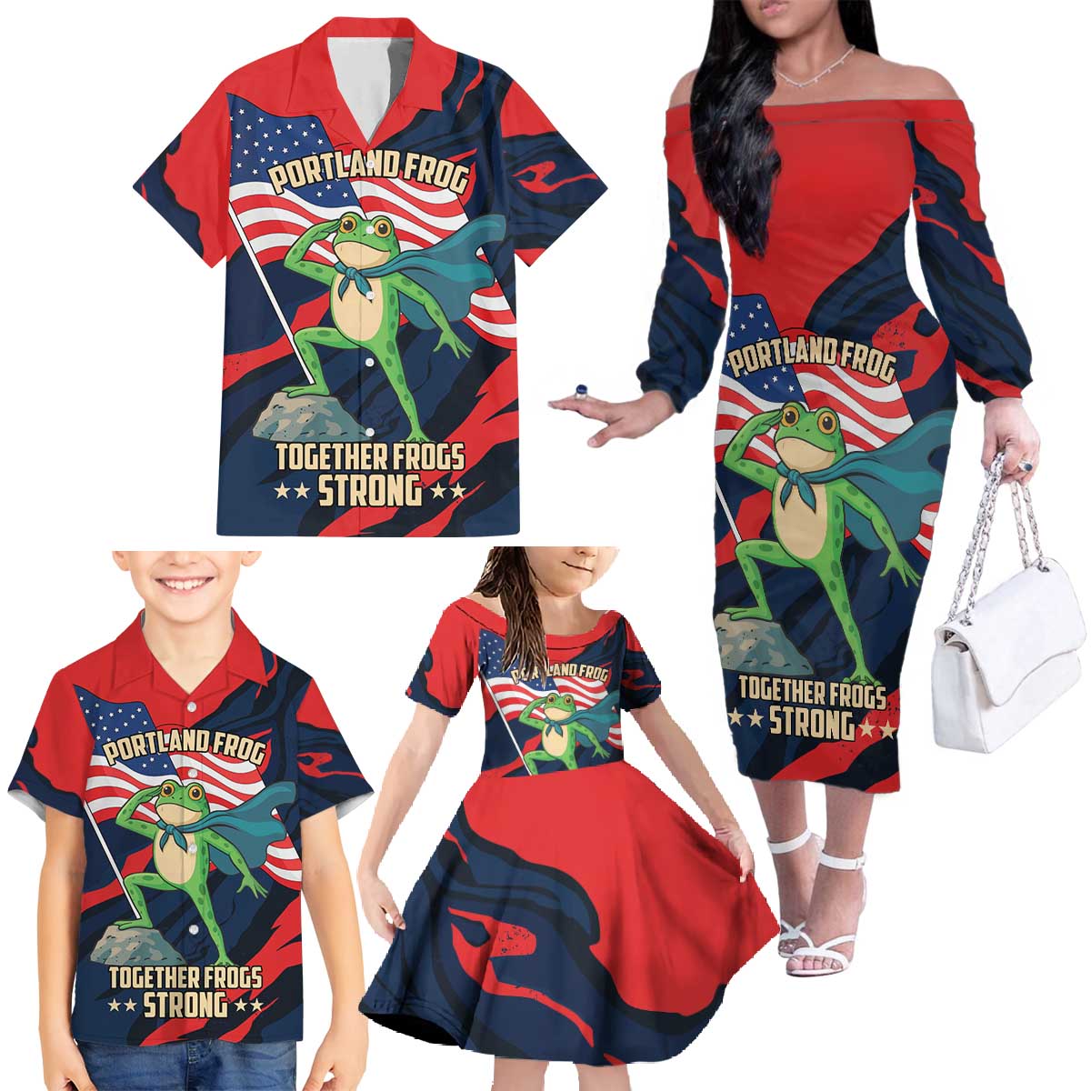 Portland Frog Protest Personalized Family Matching Off The Shoulder Long Sleeve Dress and Hawaiian Shirt Frogs Together Strong - Wonder Print Shop