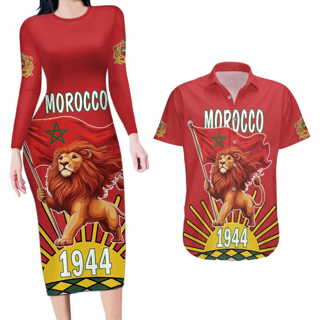 Personalized Morocco Proclamation Day 1944 Couples Matching Long Sleeve Bodycon Dress and Hawaiian Shirt Barbary Lion With Flag - Wonder Print Shop