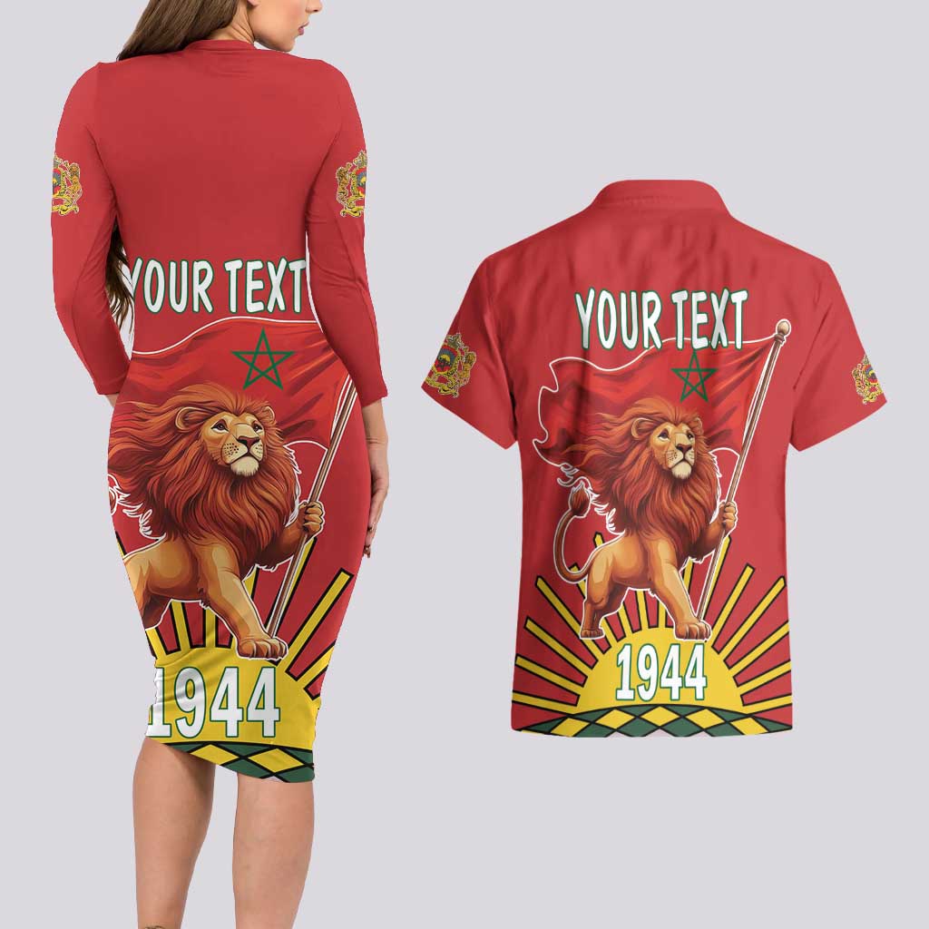 Personalized Morocco Proclamation Day 1944 Couples Matching Long Sleeve Bodycon Dress and Hawaiian Shirt Barbary Lion With Flag - Wonder Print Shop