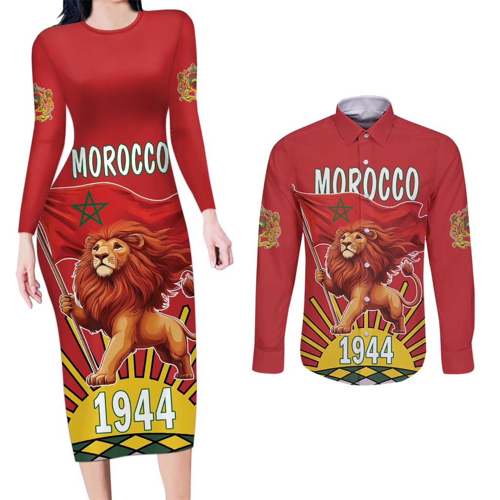 Personalized Morocco Proclamation Day 1944 Couples Matching Long Sleeve Bodycon Dress and Long Sleeve Button Shirt Barbary Lion With Flag - Wonder Print Shop