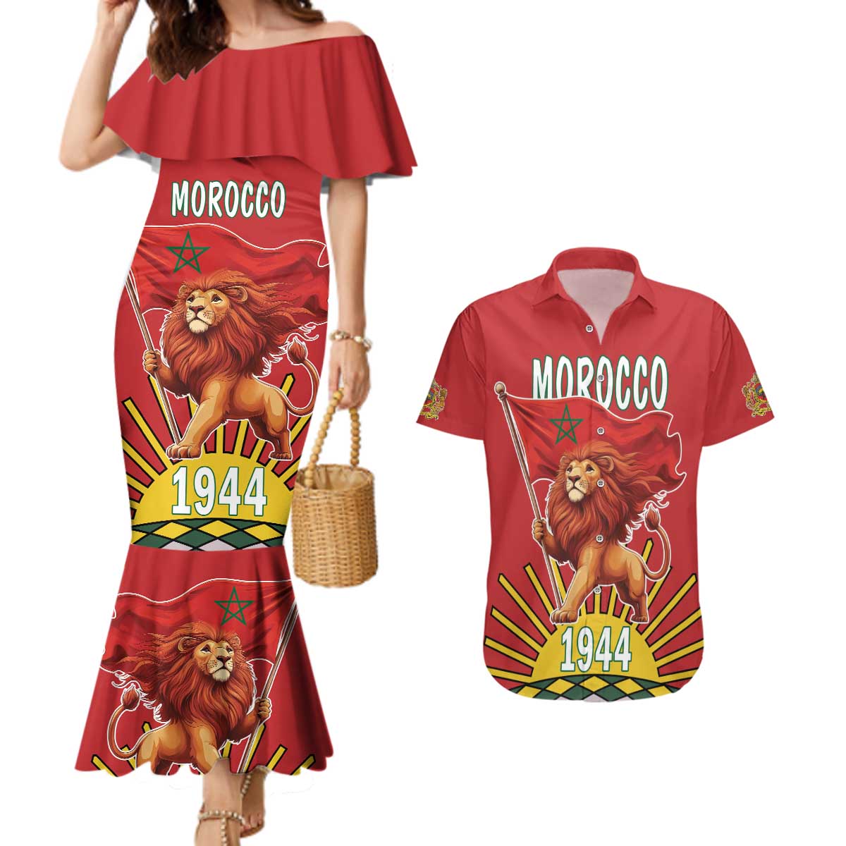 Personalized Morocco Proclamation Day 1944 Couples Matching Mermaid Dress and Hawaiian Shirt Barbary Lion With Flag - Wonder Print Shop