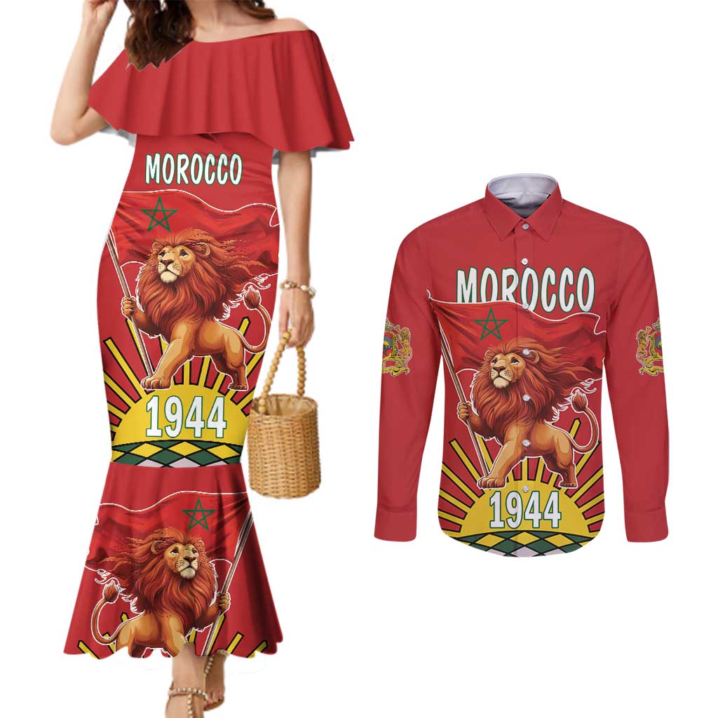 Personalized Morocco Proclamation Day 1944 Couples Matching Mermaid Dress and Long Sleeve Button Shirt Barbary Lion With Flag