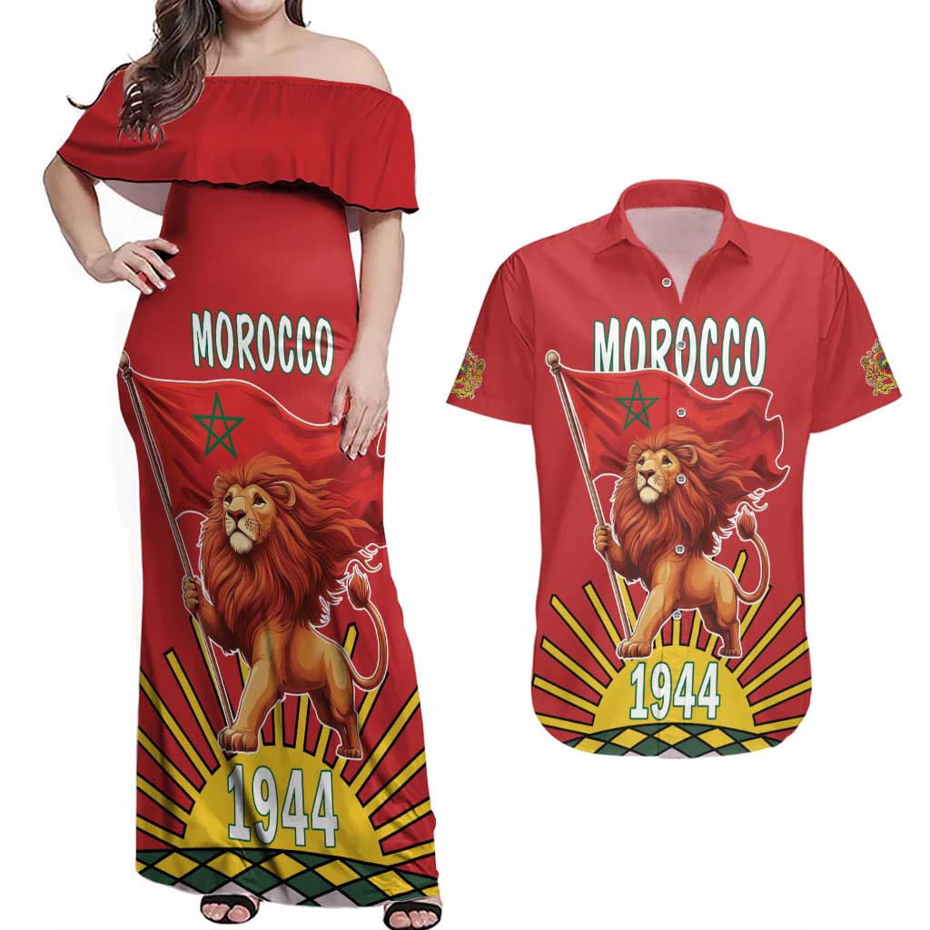 Personalized Morocco Proclamation Day 1944 Couples Matching Off Shoulder Maxi Dress and Hawaiian Shirt Barbary Lion With Flag - Wonder Print Shop