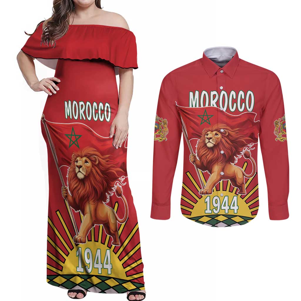 Personalized Morocco Proclamation Day 1944 Couples Matching Off Shoulder Maxi Dress and Long Sleeve Button Shirt Barbary Lion With Flag - Wonder Print Shop