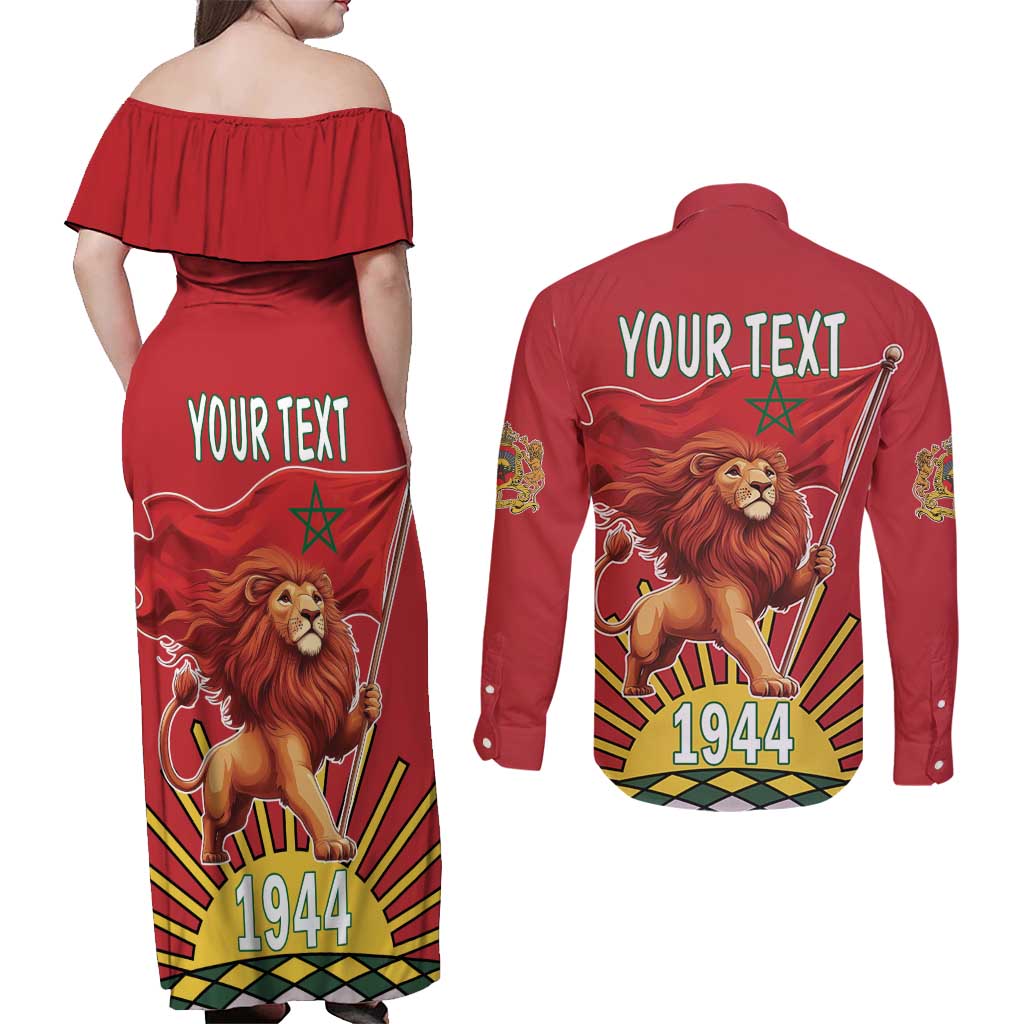 Personalized Morocco Proclamation Day 1944 Couples Matching Off Shoulder Maxi Dress and Long Sleeve Button Shirt Barbary Lion With Flag - Wonder Print Shop