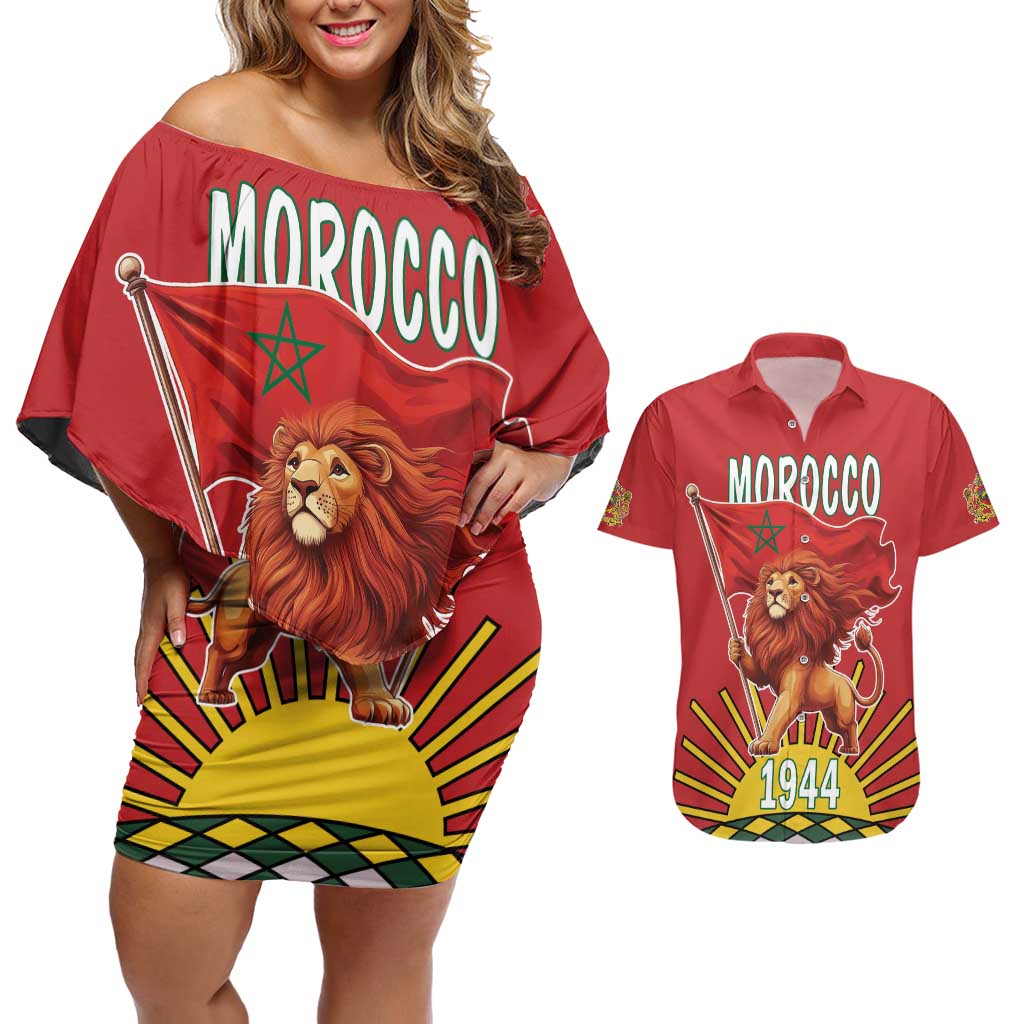 Personalized Morocco Proclamation Day 1944 Couples Matching Off Shoulder Short Dress and Hawaiian Shirt Barbary Lion With Flag - Wonder Print Shop
