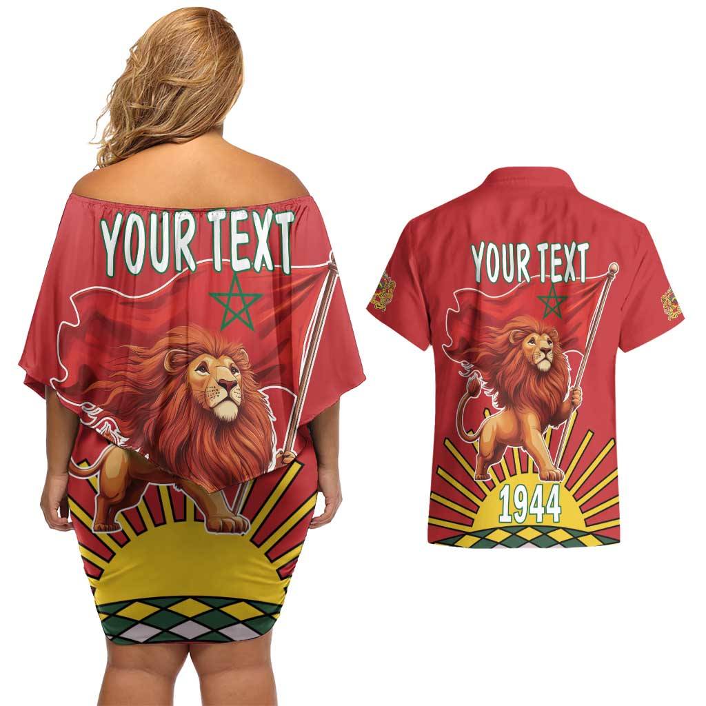 Personalized Morocco Proclamation Day 1944 Couples Matching Off Shoulder Short Dress and Hawaiian Shirt Barbary Lion With Flag - Wonder Print Shop