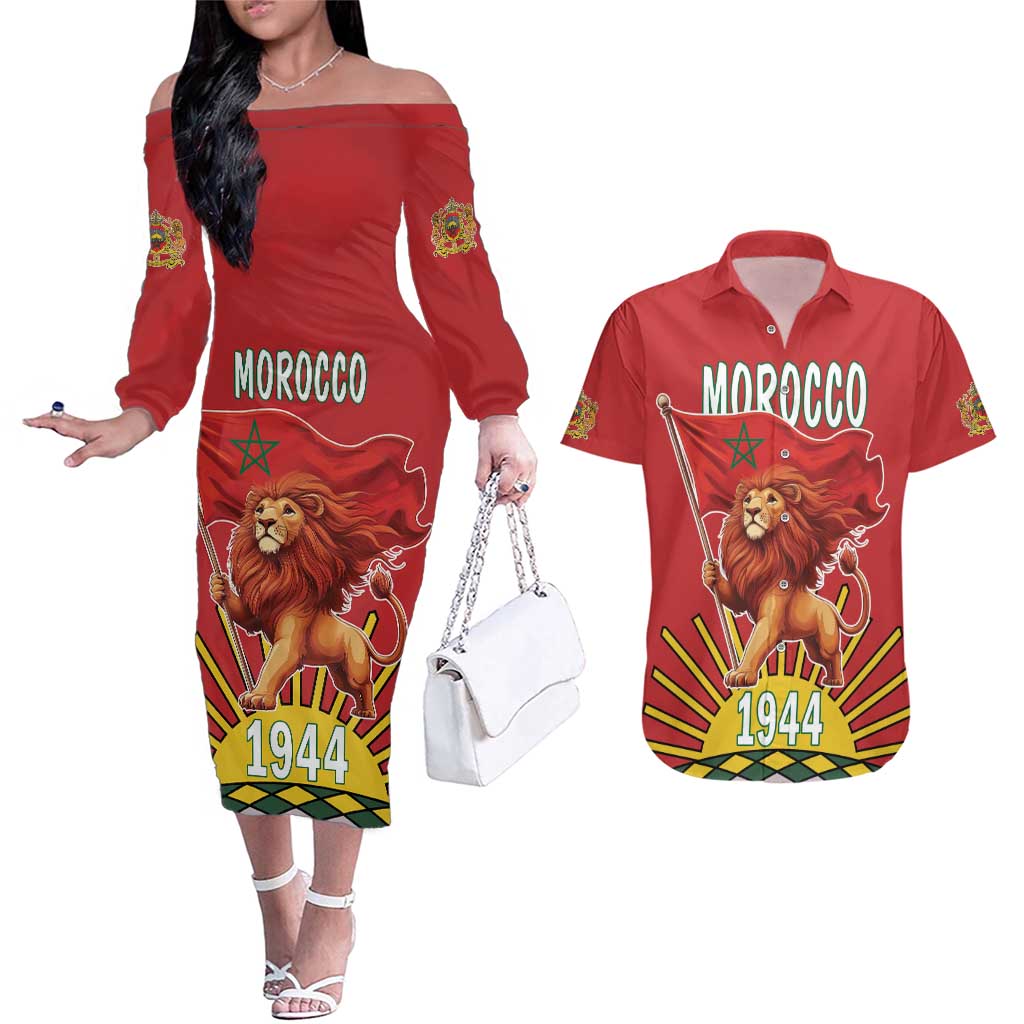 Personalized Morocco Proclamation Day 1944 Couples Matching Off The Shoulder Long Sleeve Dress and Hawaiian Shirt Barbary Lion With Flag - Wonder Print Shop