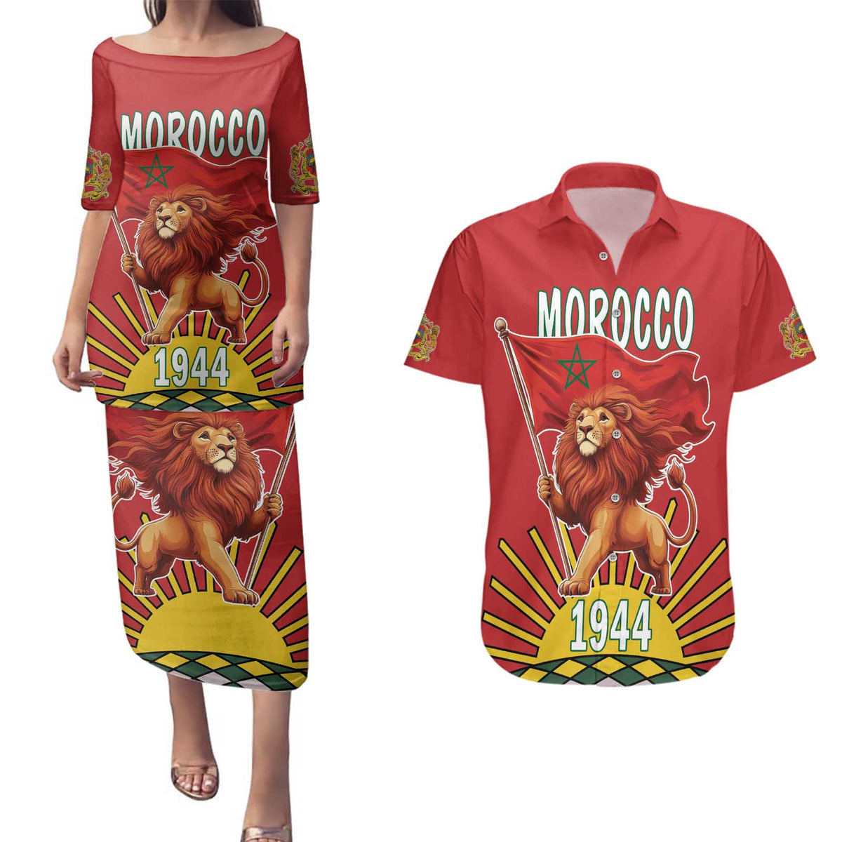 Personalized Morocco Proclamation Day 1944 Couples Matching Puletasi and Hawaiian Shirt Barbary Lion With Flag - Wonder Print Shop
