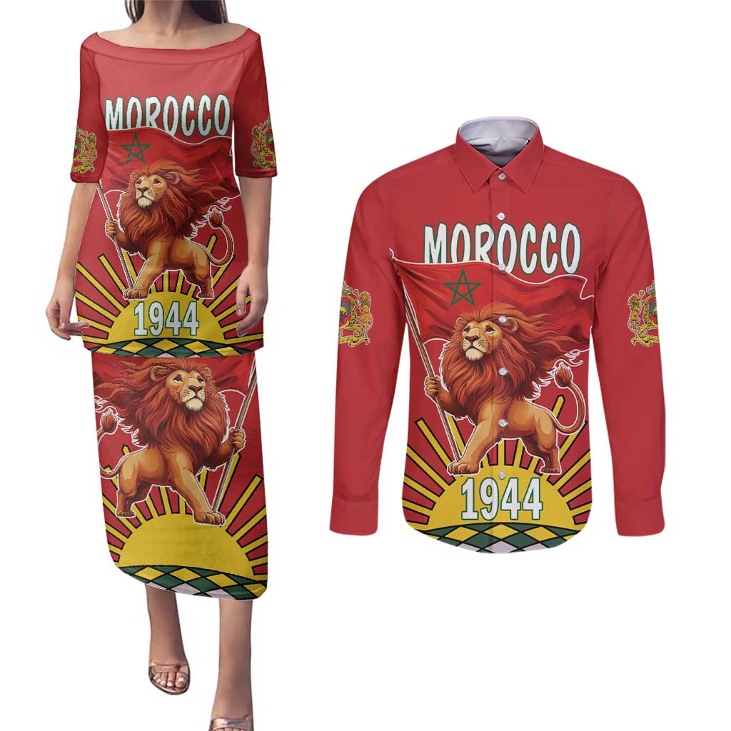 Personalized Morocco Proclamation Day 1944 Couples Matching Puletasi and Long Sleeve Button Shirt Barbary Lion With Flag - Wonder Print Shop