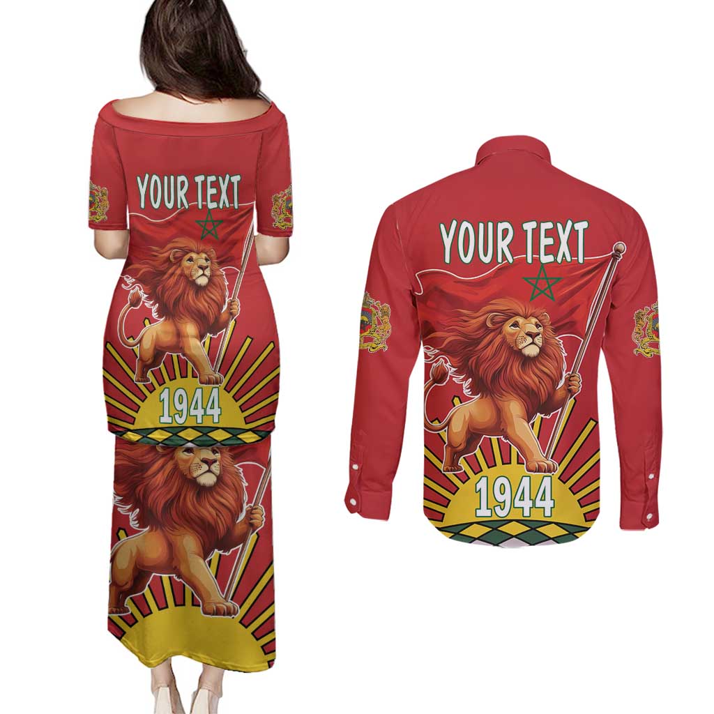 Personalized Morocco Proclamation Day 1944 Couples Matching Puletasi and Long Sleeve Button Shirt Barbary Lion With Flag - Wonder Print Shop