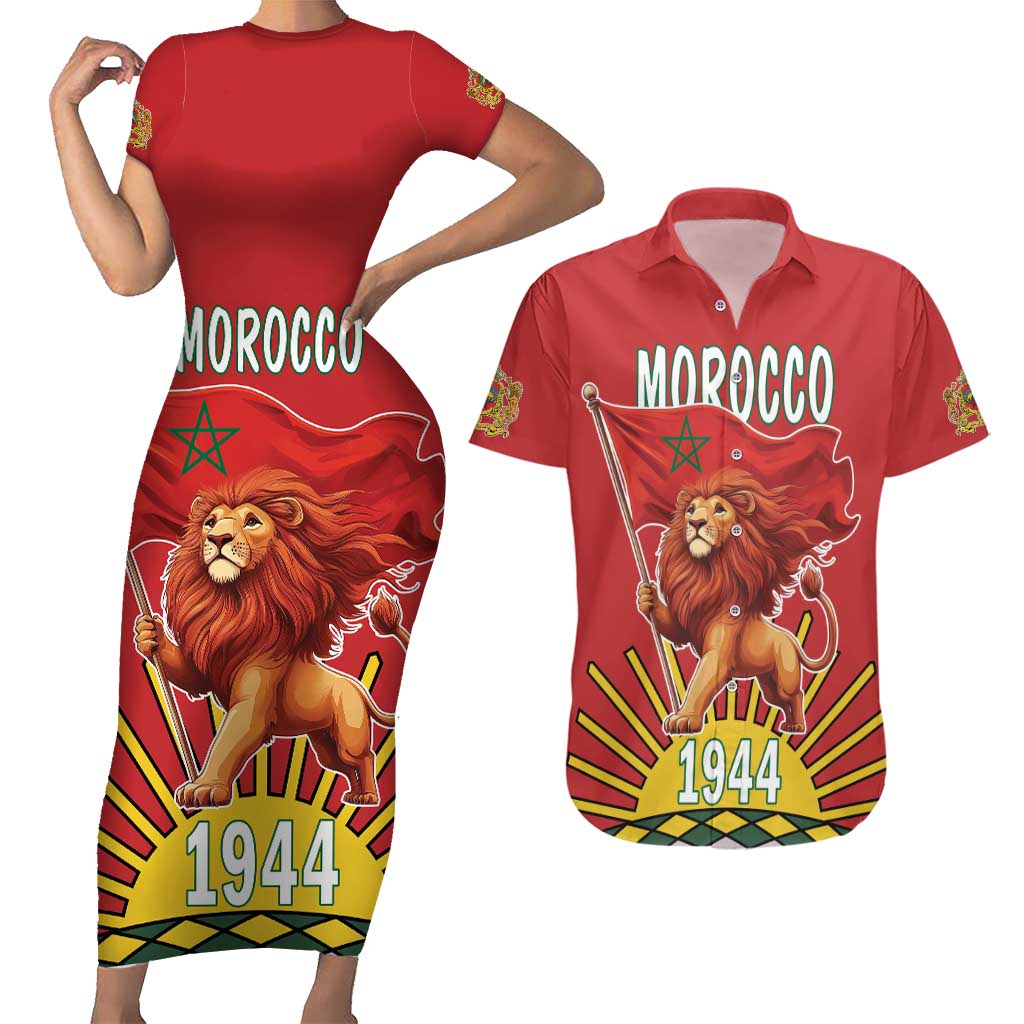 Personalized Morocco Proclamation Day 1944 Couples Matching Short Sleeve Bodycon Dress and Hawaiian Shirt Barbary Lion With Flag - Wonder Print Shop