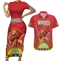 Personalized Morocco Proclamation Day 1944 Couples Matching Short Sleeve Bodycon Dress and Hawaiian Shirt Barbary Lion With Flag - Wonder Print Shop