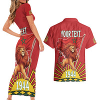 Personalized Morocco Proclamation Day 1944 Couples Matching Short Sleeve Bodycon Dress and Hawaiian Shirt Barbary Lion With Flag - Wonder Print Shop