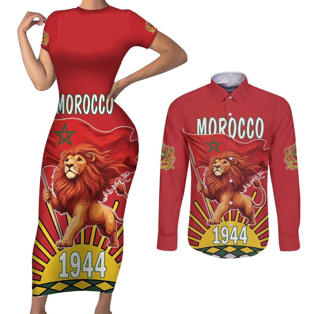 Personalized Morocco Proclamation Day 1944 Couples Matching Short Sleeve Bodycon Dress and Long Sleeve Button Shirt Barbary Lion With Flag - Wonder Print Shop