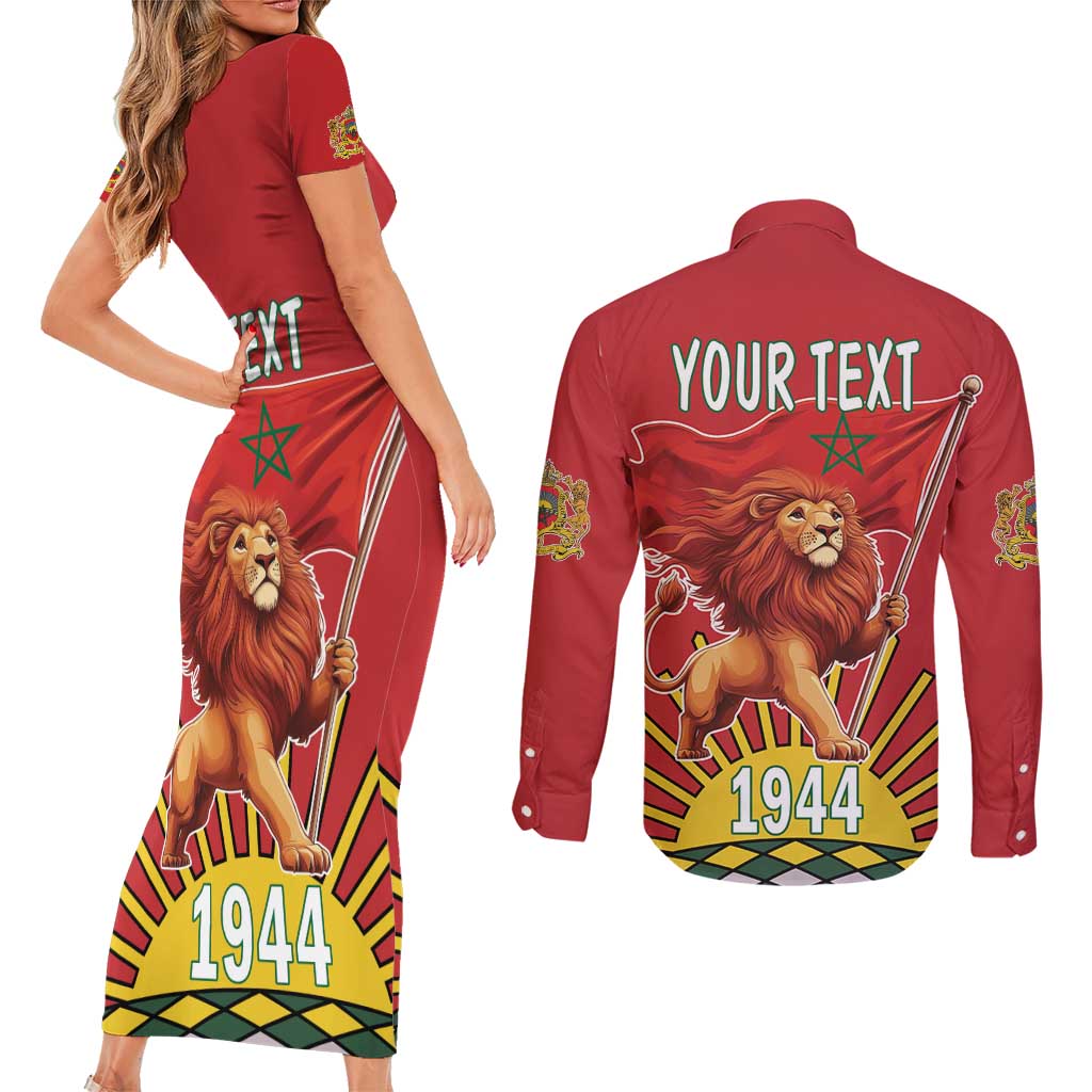 Personalized Morocco Proclamation Day 1944 Couples Matching Short Sleeve Bodycon Dress and Long Sleeve Button Shirt Barbary Lion With Flag - Wonder Print Shop
