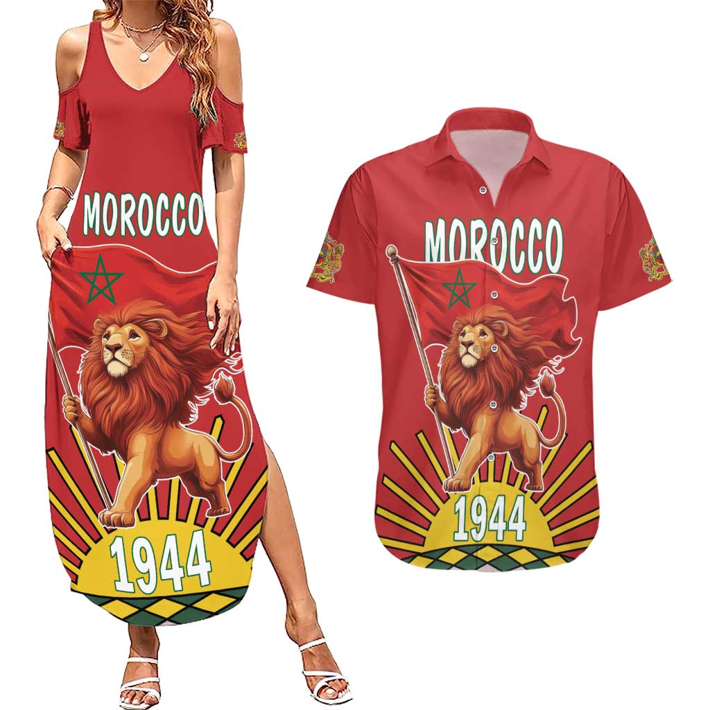 Personalized Morocco Proclamation Day 1944 Couples Matching Summer Maxi Dress and Hawaiian Shirt Barbary Lion With Flag - Wonder Print Shop
