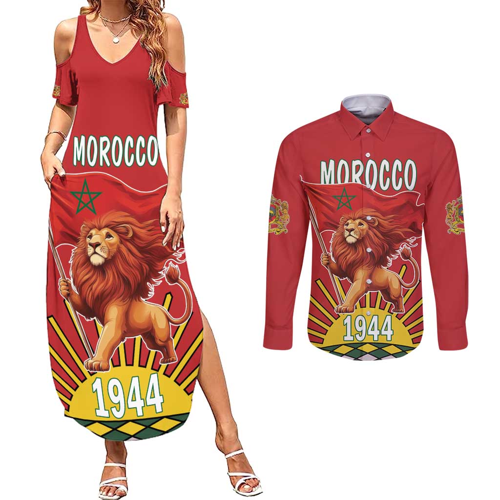 Personalized Morocco Proclamation Day 1944 Couples Matching Summer Maxi Dress and Long Sleeve Button Shirt Barbary Lion With Flag - Wonder Print Shop