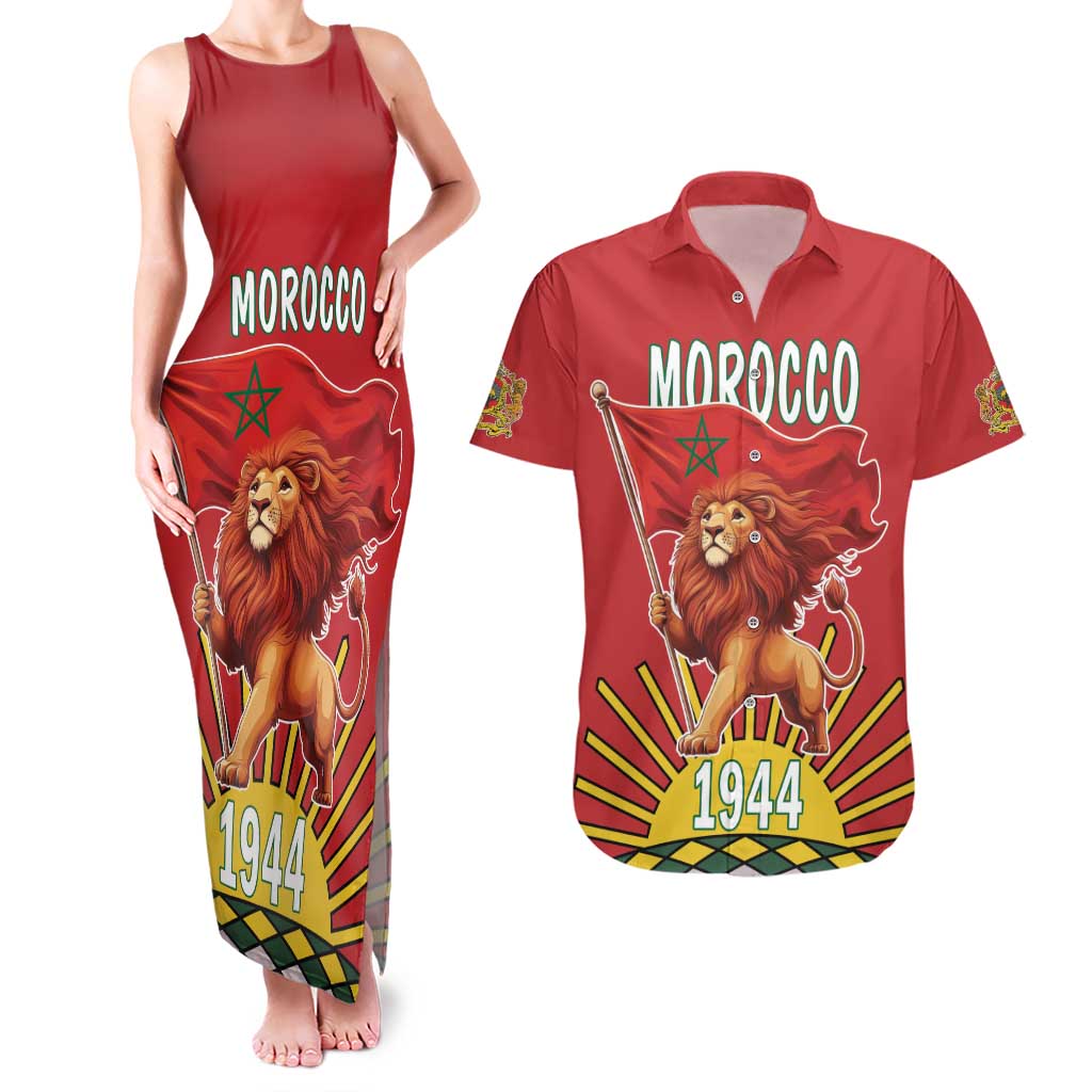 Personalized Morocco Proclamation Day 1944 Couples Matching Tank Maxi Dress and Hawaiian Shirt Barbary Lion With Flag - Wonder Print Shop