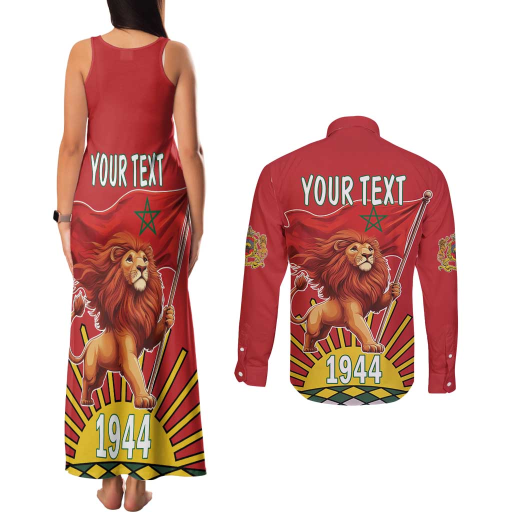 Personalized Morocco Proclamation Day 1944 Couples Matching Tank Maxi Dress and Long Sleeve Button Shirt Barbary Lion With Flag - Wonder Print Shop