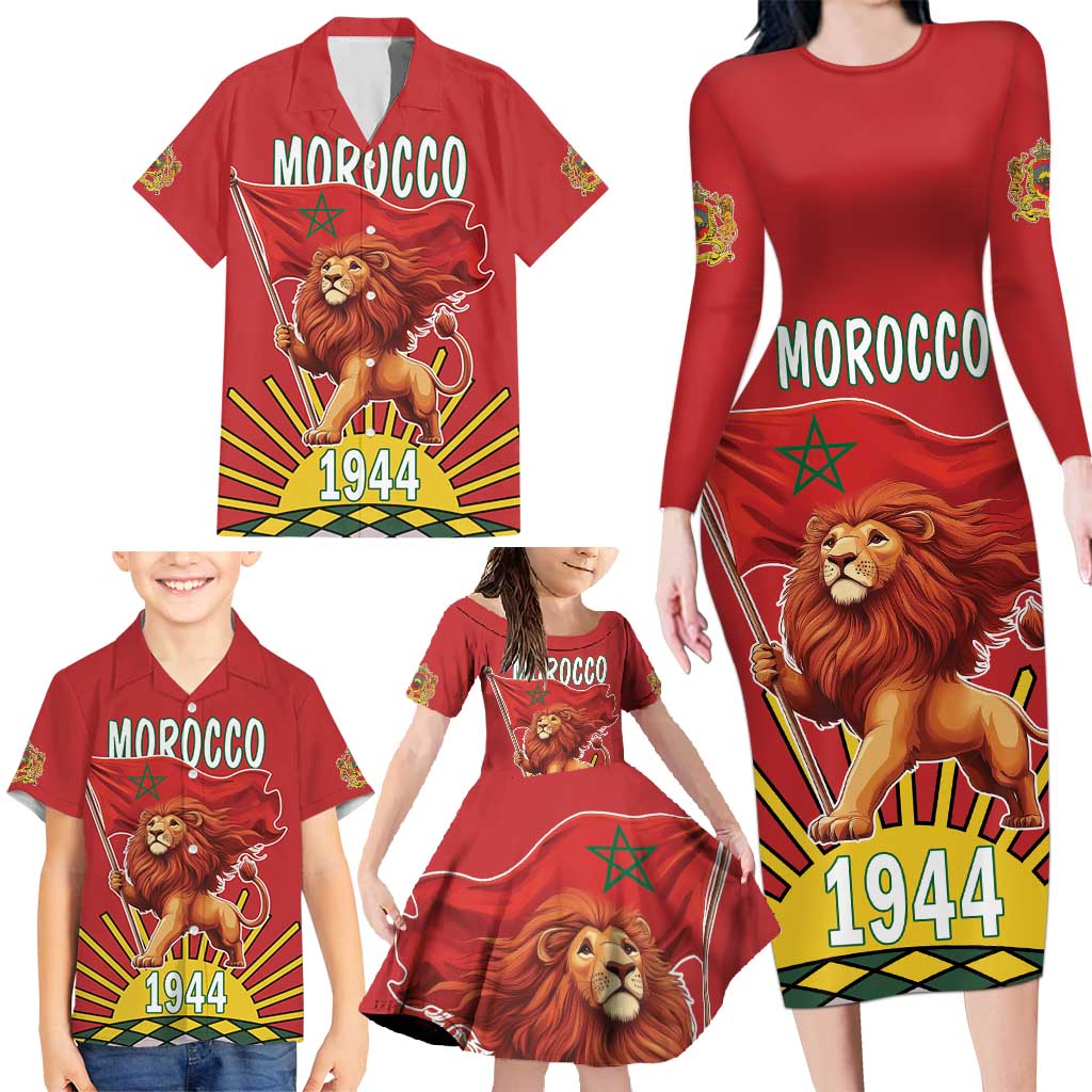Personalized Morocco Proclamation Day 1944 Family Matching Long Sleeve Bodycon Dress and Hawaiian Shirt Barbary Lion With Flag - Wonder Print Shop