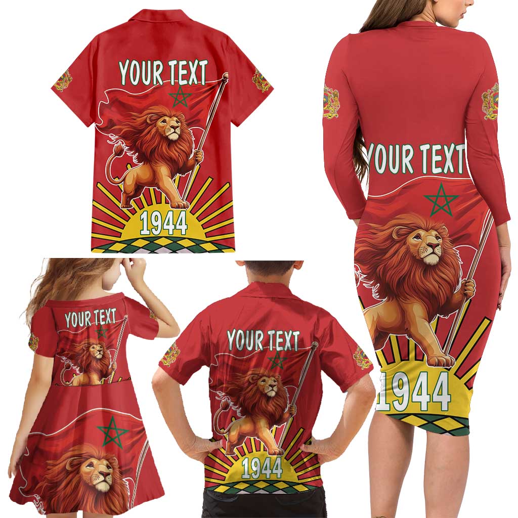 Personalized Morocco Proclamation Day 1944 Family Matching Long Sleeve Bodycon Dress and Hawaiian Shirt Barbary Lion With Flag - Wonder Print Shop