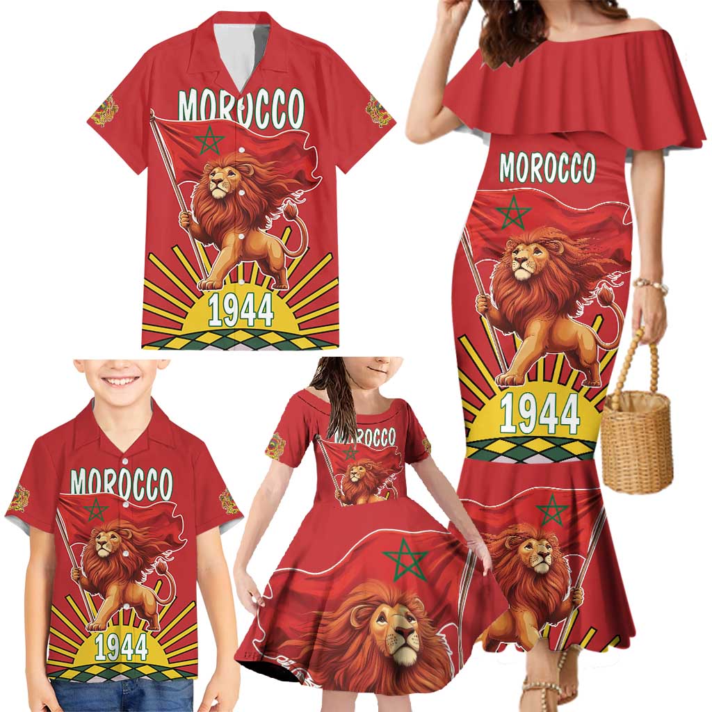 Personalized Morocco Proclamation Day 1944 Family Matching Mermaid Dress and Hawaiian Shirt Barbary Lion With Flag - Wonder Print Shop