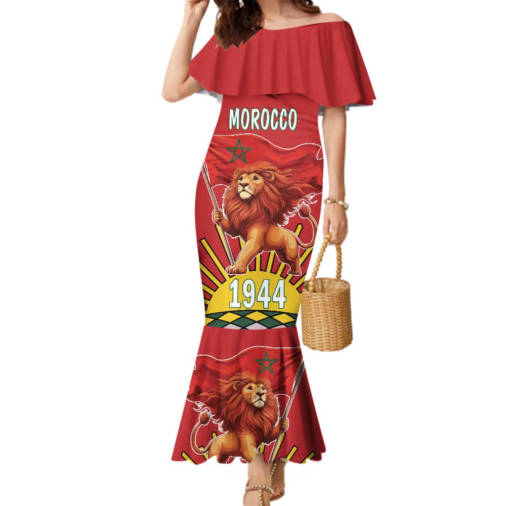 Personalized Morocco Proclamation Day 1944 Family Matching Mermaid Dress and Hawaiian Shirt Barbary Lion With Flag - Wonder Print Shop
