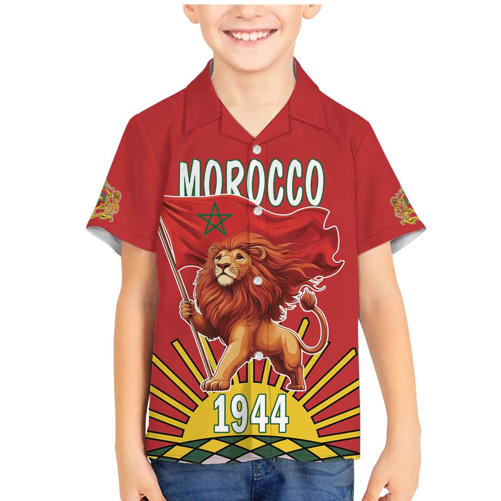 Personalized Morocco Proclamation Day 1944 Family Matching Mermaid Dress and Hawaiian Shirt Barbary Lion With Flag - Wonder Print Shop