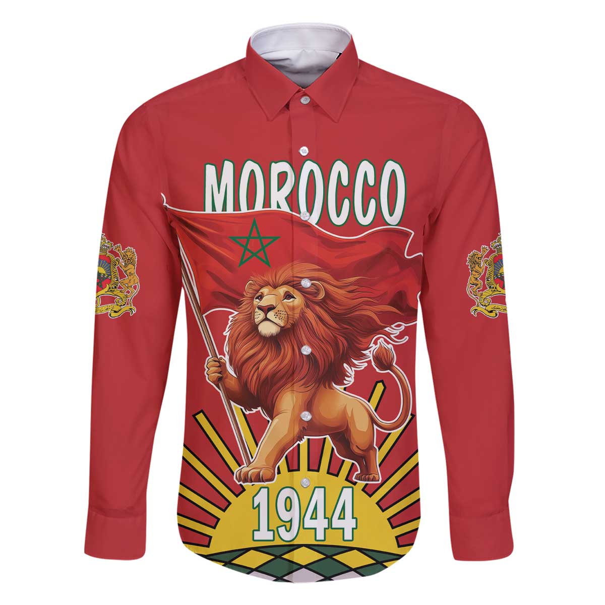 Personalized Morocco Proclamation Day 1944 Family Matching Off The Shoulder Long Sleeve Dress and Hawaiian Shirt Barbary Lion With Flag - Wonder Print Shop