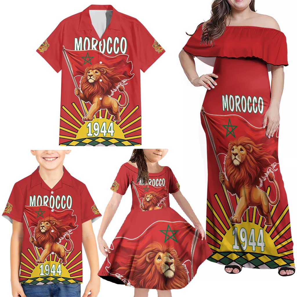 Personalized Morocco Proclamation Day 1944 Family Matching Off Shoulder Maxi Dress and Hawaiian Shirt Barbary Lion With Flag - Wonder Print Shop