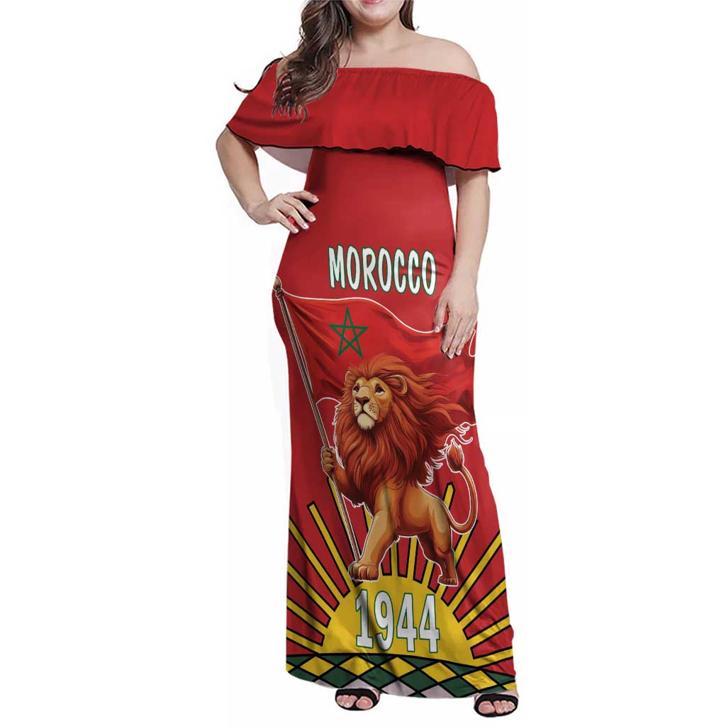 Personalized Morocco Proclamation Day 1944 Family Matching Off Shoulder Maxi Dress and Hawaiian Shirt Barbary Lion With Flag - Wonder Print Shop