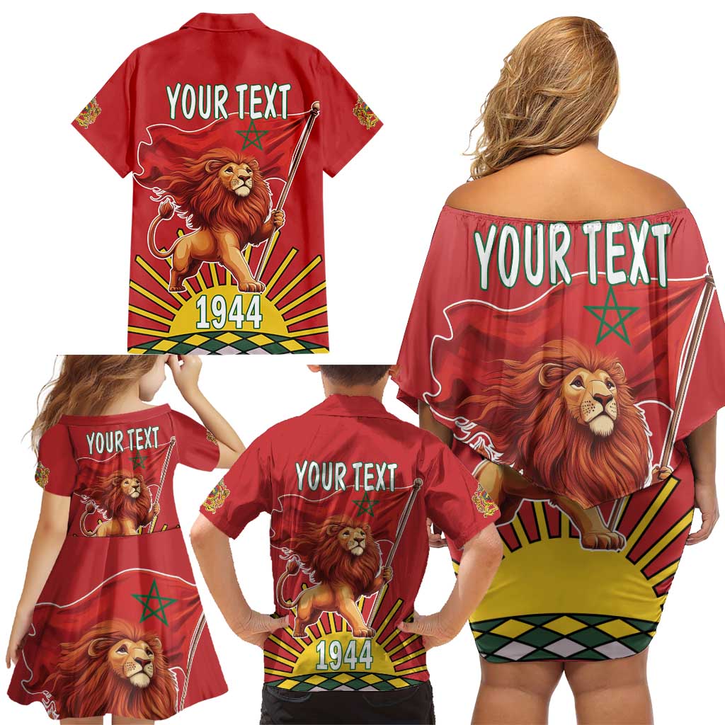 Personalized Morocco Proclamation Day 1944 Family Matching Off Shoulder Short Dress and Hawaiian Shirt Barbary Lion With Flag - Wonder Print Shop