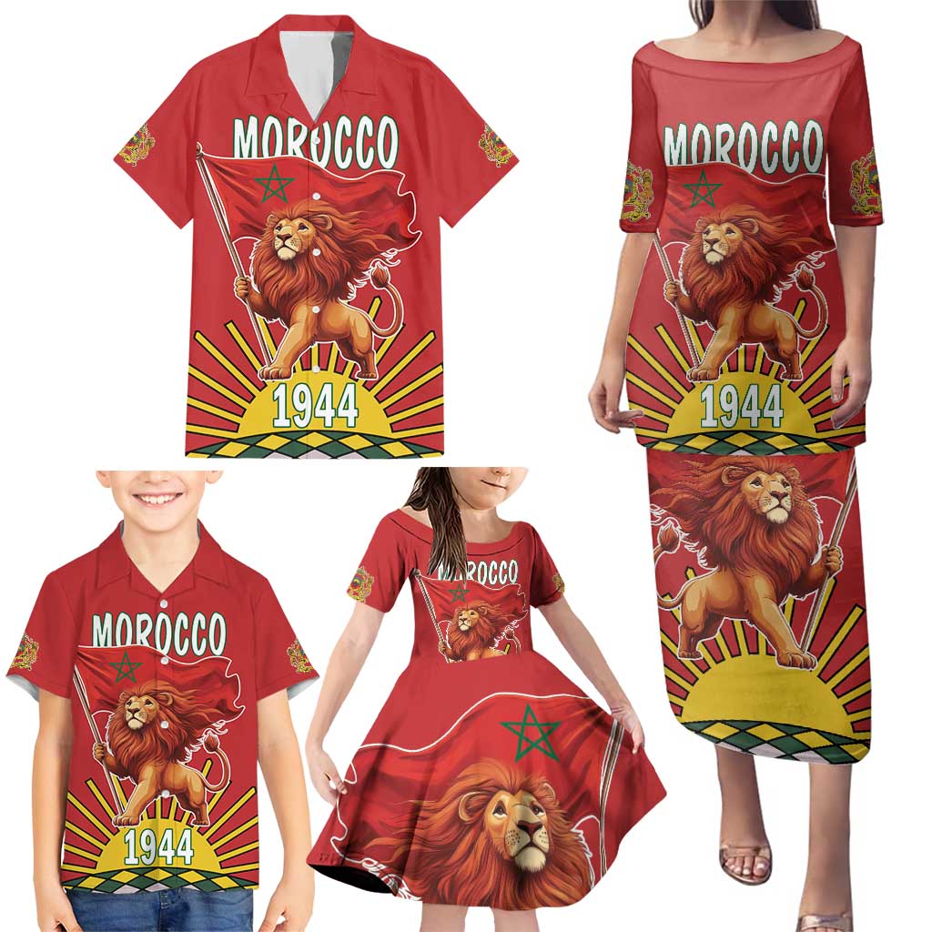 Personalized Morocco Proclamation Day 1944 Family Matching Puletasi and Hawaiian Shirt Barbary Lion With Flag - Wonder Print Shop