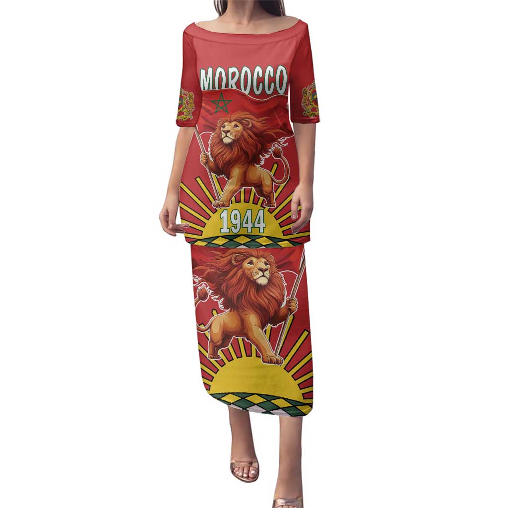 Personalized Morocco Proclamation Day 1944 Family Matching Puletasi and Hawaiian Shirt Barbary Lion With Flag - Wonder Print Shop