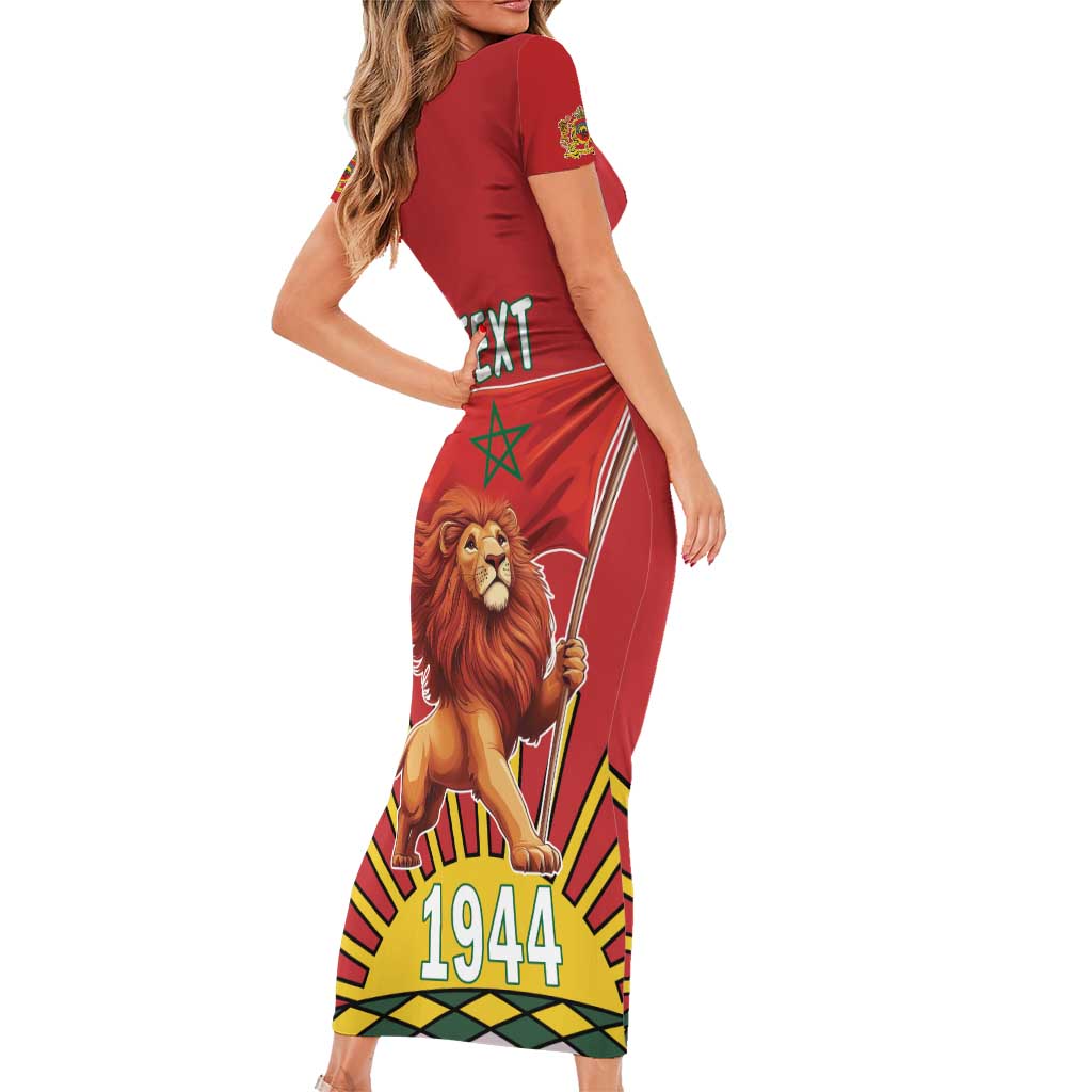 Personalized Morocco Proclamation Day 1944 Family Matching Short Sleeve Bodycon Dress and Hawaiian Shirt Barbary Lion With Flag - Wonder Print Shop