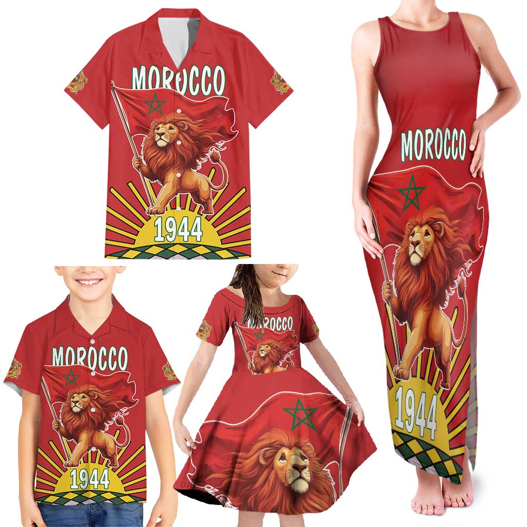 Personalized Morocco Proclamation Day 1944 Family Matching Tank Maxi Dress and Hawaiian Shirt Barbary Lion With Flag - Wonder Print Shop