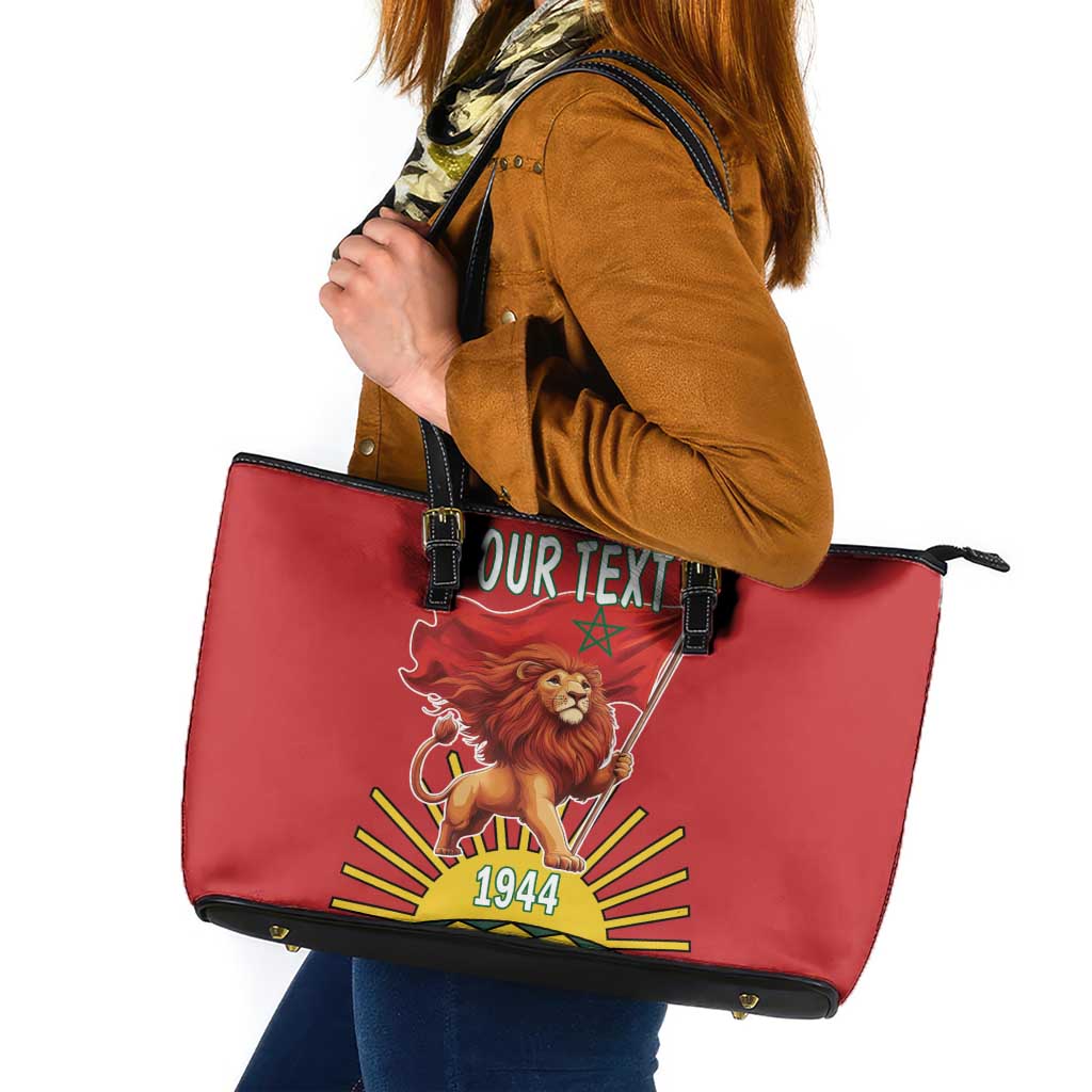 Personalized Morocco Proclamation Day 1944 Leather Tote Bag Barbary Lion With Flag - Wonder Print Shop
