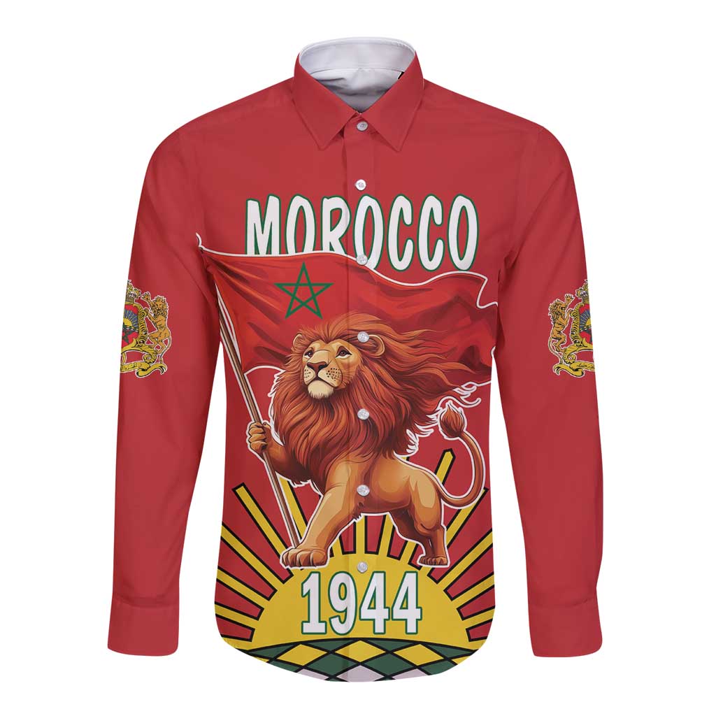 Personalized Morocco Proclamation Day 1944 Long Sleeve Button Shirt Barbary Lion With Flag - Wonder Print Shop