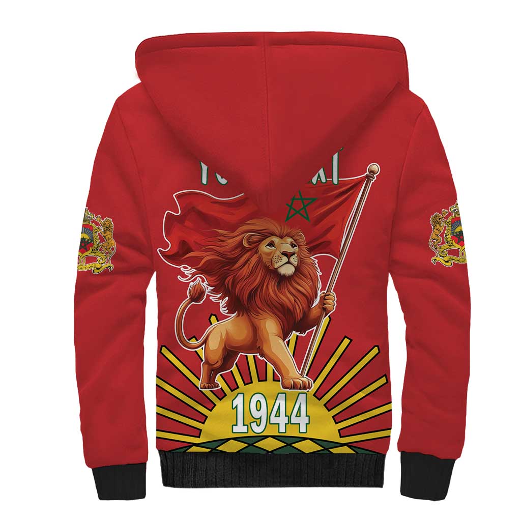 Personalized Morocco Proclamation Day 1944 Sherpa Hoodie Barbary Lion With Flag - Wonder Print Shop