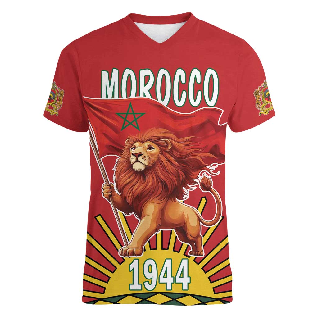 Personalized Morocco Proclamation Day 1944 Women V-Neck T-Shirt Barbary Lion With Flag - Wonder Print Shop