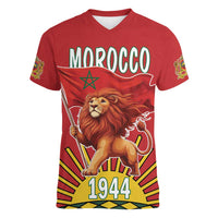 Personalized Morocco Proclamation Day 1944 Women V-Neck T-Shirt Barbary Lion With Flag - Wonder Print Shop